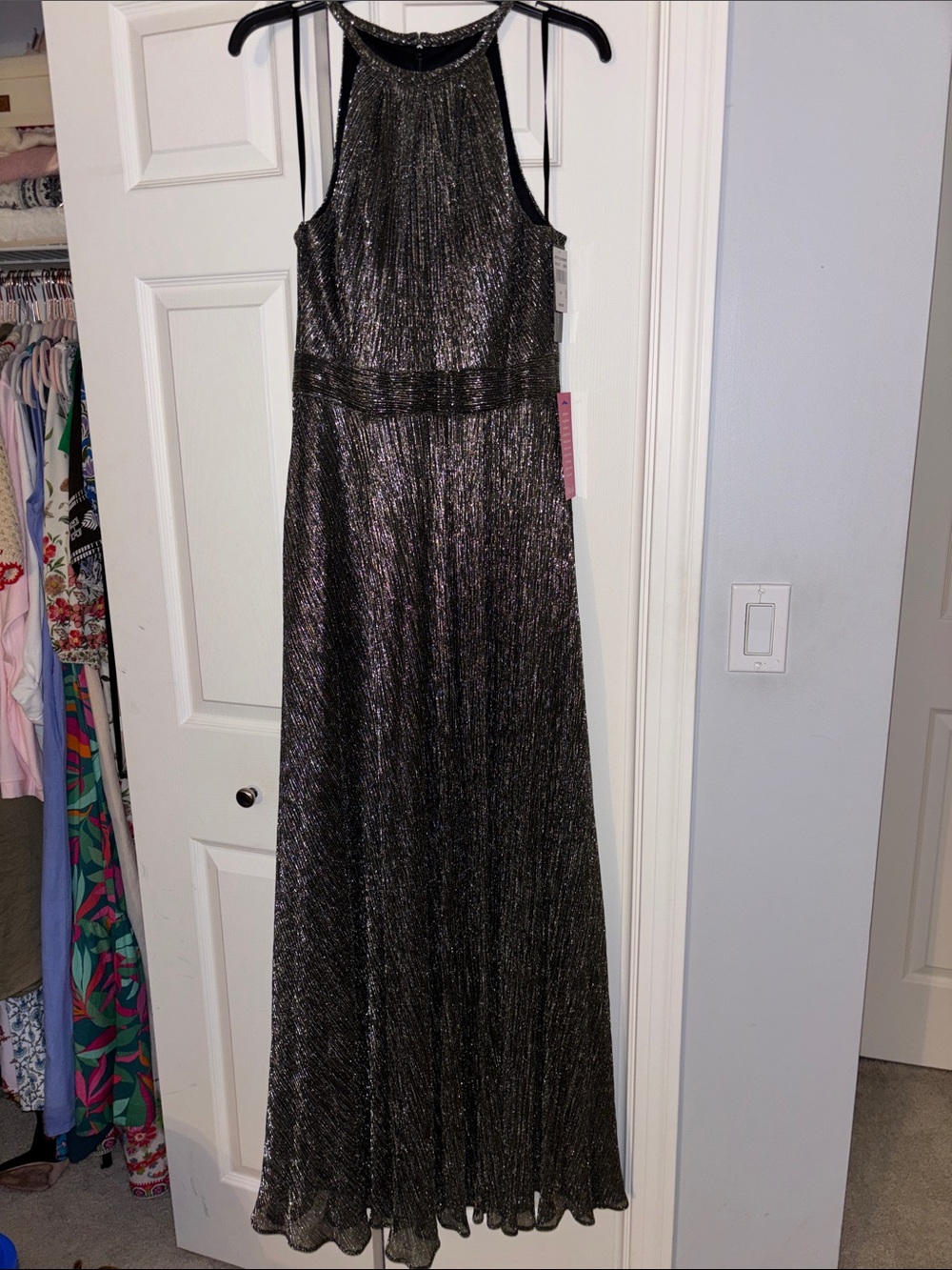 Betsy & Adam Metallic Silver-Black Halter Maxi Gown